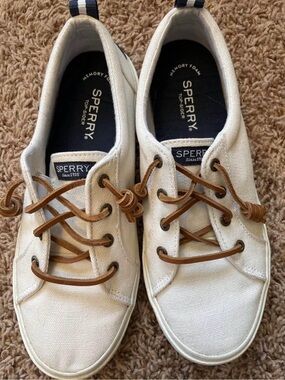 Sperry White Canvas Boat Shoes with Brown Laces